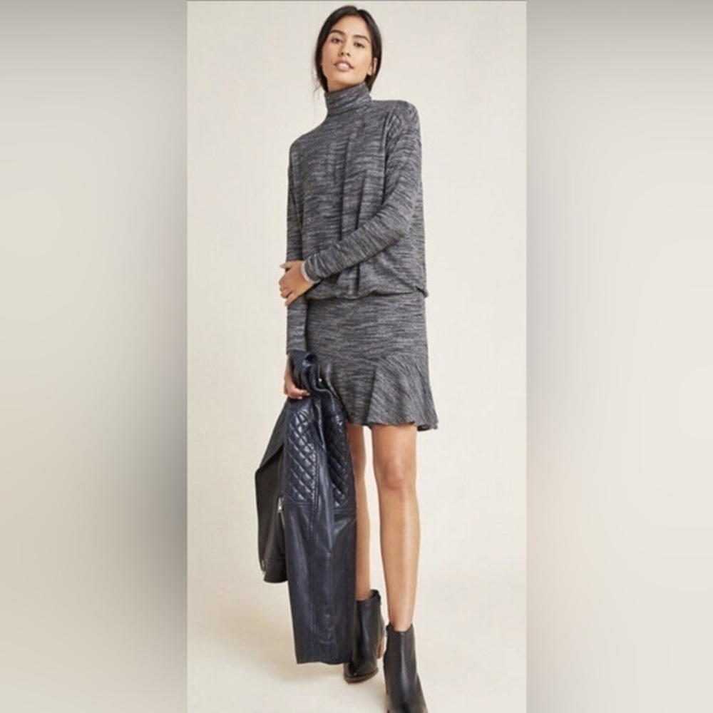 Bailey 44 (Anthropologie) Gray Turtleneck Sweater Skater Style Dress, neck zip.